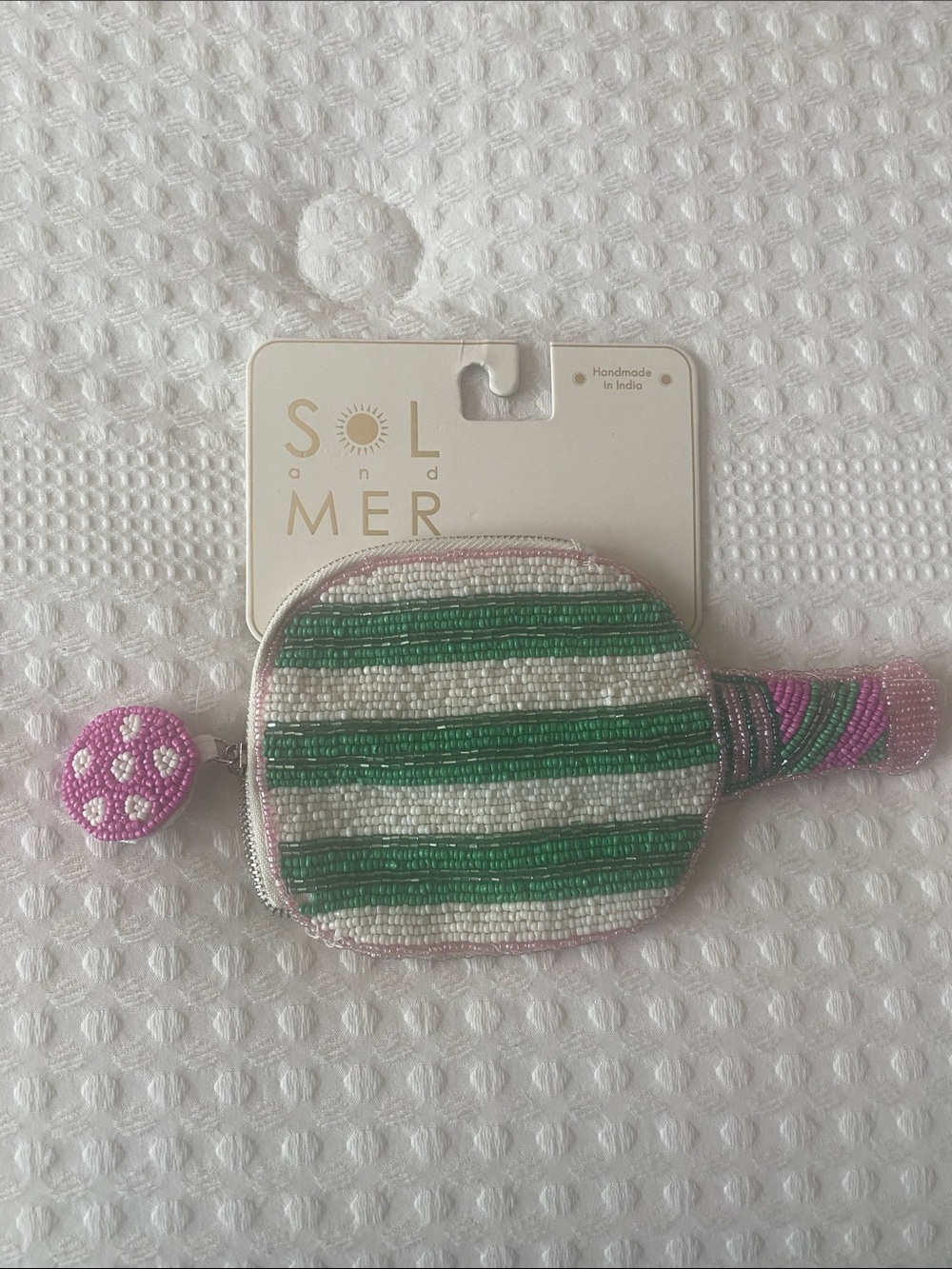 Beaded Pickleball Paddle Coin Purse Keychain | Pink & Green
